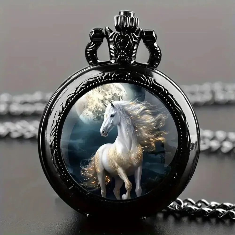 White Arab Horse Quartz Pocket Watch • Flowing Mane & Tail • Full Moon • Pendant
